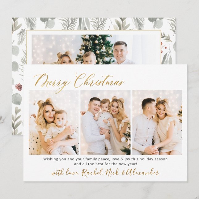 Tarjeta Festiva Guión de follaje botánico 3 Navidades multifotográ (Anverso / Reverso)