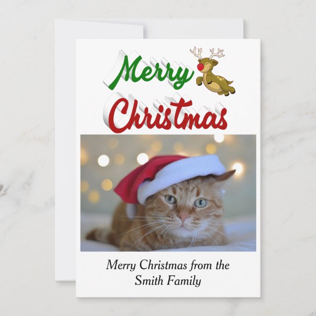 Tarjeta Festiva Guión de foto de reno volador navideño (Anverso)