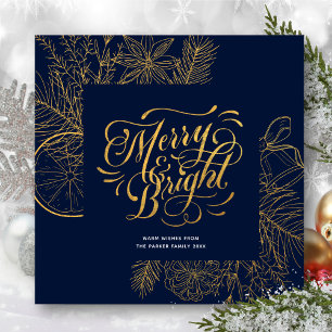 Tarjeta Festiva Guión de oro floral de pino azul de la marina mode