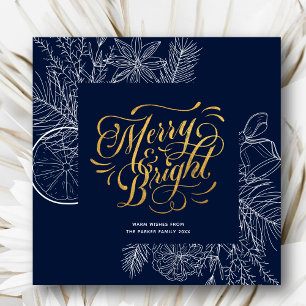 Tarjeta Festiva Guión de oro floral de pino azul de la marina mode