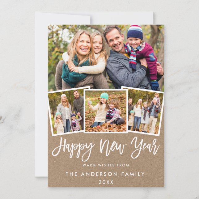 Tarjeta Festiva Guión de pincel 4 Foto Kraft de Año Nuevo (Anverso)
