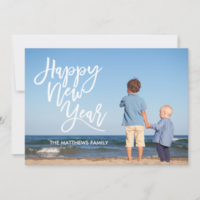 Tarjeta Festiva Guión de pincel blanco feliz foto de año nuevo (Anverso)