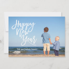 Tarjeta Festiva Guión de pincel blanco feliz foto de año nuevo