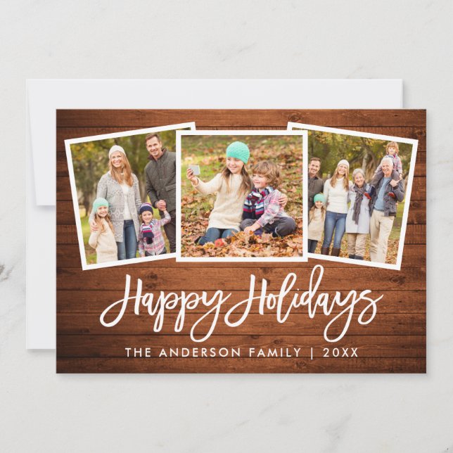Tarjeta Festiva Guión de pincel Familia de fotos de madera rústica (Anverso)