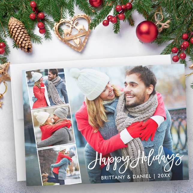 Tarjeta Festiva Guión de pincel Feliz Fiestas Pareja 4 Foto (Customize to add text to back of card.)