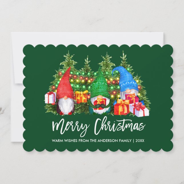 Tarjeta Festiva Guión de pincel Gnomes Navidades Luces Verde (Anverso)