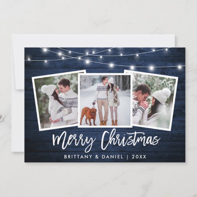 Tarjeta Festiva Guión de pincel ilumina madera azul 3 Navidades de (Anverso)