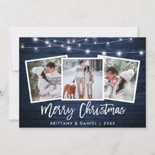 Tarjeta Festiva Guión de pincel ilumina madera azul 3 Navidades de