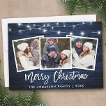 Tarjeta Festiva Guión de pincel ilumina madera azul 3 Navidades de<br><div class="desc">Guión de pincel de madera azul rústico Familia de fotos 3 Tarjeta navideña de merry con cadenas</div>