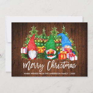 Tarjeta Festiva Guión de pincel Madera Luces Navidades Gnomes