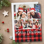 Tarjeta Festiva Guión de pincel moderno 4 Navidades de foto rojos<br><div class="desc">Guión de pincel moderno 4 Foto Tarjeta familiar navideña - rojo revestido</div>