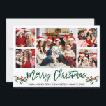 Tarjeta Festiva Guión de pincel moderno Verde 5 Navidades de la fa<br><div class="desc">Guión de pincel moderno 5 Collage de fotos de la familia de fotos La tarjeta navideña de la mora incluye Navidades de acuarela Holly Berries - Guión verde</div>