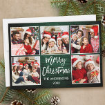 Tarjeta Festiva Guión de pincel Navidades de madera verde 5 Foto<br><div class="desc">Guión de pincel moderno Feliz Navidad 5 tarjeta de vacaciones de Collage de fotos - Impresión rústica de madera verde de campo</div>