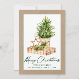 Tarjeta Festiva Guión de tinta de caligrafía Kraft Watercolor Pine