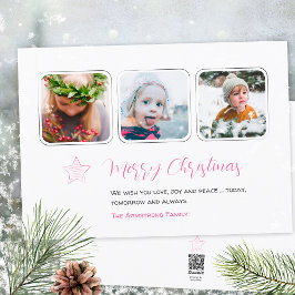 Tarjeta Festiva Guión de tres fotos de Minimalist Pink Star