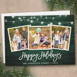 Tarjeta Festiva Guión del pincel ilumina la madera verde rústica 3<br><div class="desc">Rústico Cepillo de Madera Verde Guión 3 Familia de fotos Tarjeta navideña feliz con luces de cadena</div>