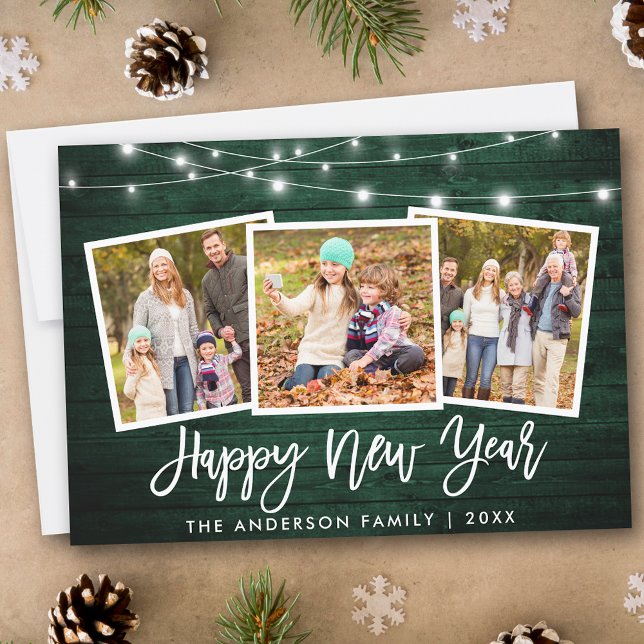 Tarjeta Festiva Guión del pincel ilumina madera verde 3 foto Año n (Customize to add text to back of card.)