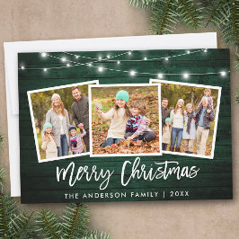 Tarjeta Festiva Guión del pincel ilumina madera verde 3 Navidades