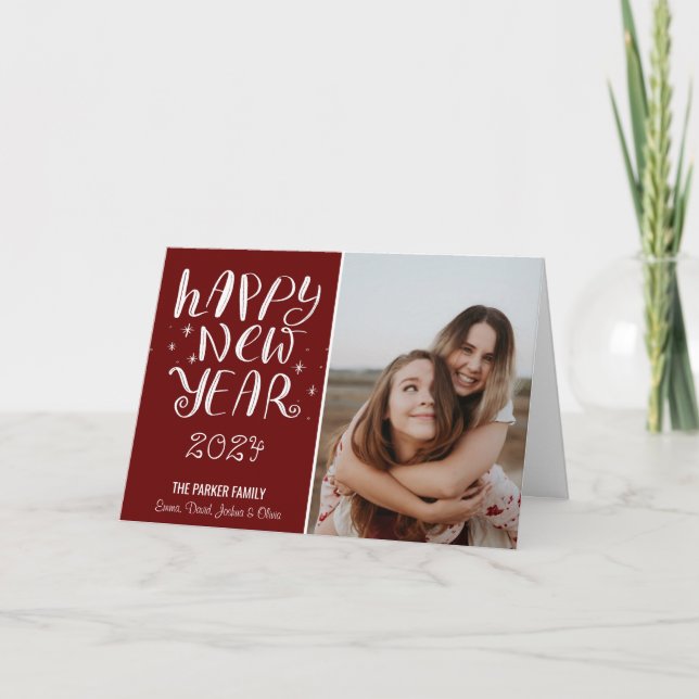 Tarjeta Festiva Guión divertido feliz foto de Año Nuevo recortada  (Anverso)