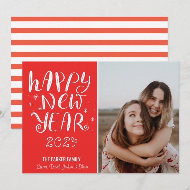 Tarjeta Festiva Guión divertido feliz foto de Año Nuevo recortada  (Anverso / Reverso)