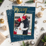 Tarjeta Festiva Guión dorado azul invernal Fotos navideñas<br><div class="desc">Winter Blue Gold Script Merry Christmas Photo Holiday Card</div>