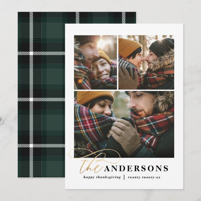 Tarjeta Festiva Guión dorado plaid verde plaid multi foto thansend (Anverso / Reverso)