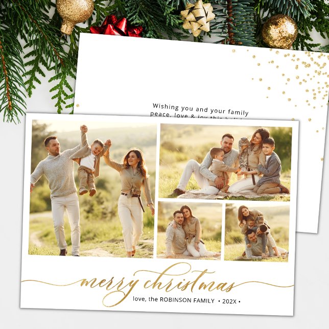 Tarjeta Festiva Guión dorado simple 4 Navidades de Collage de foto (Subido por el creador)
