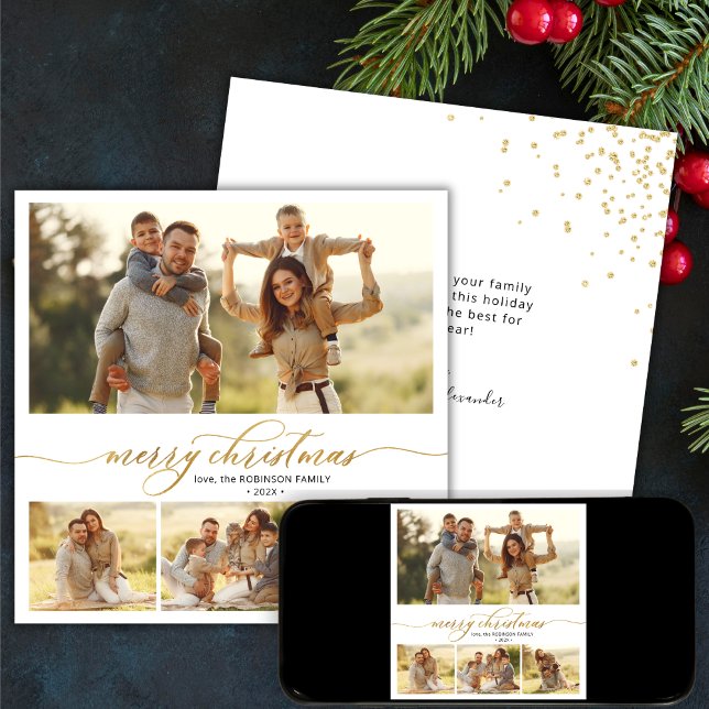 Tarjeta Festiva Guión dorado simple 4 Navidades multifotográficos (Subido por el creador)