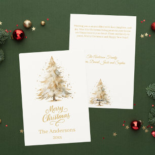 Tarjeta Festiva Guión elegante beige de la nieve del árbol de Navi