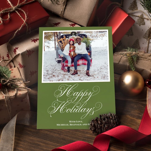 Tarjeta Festiva Guión elegante de Green Happy Holidays (Happy Holidays Green calligraphy script photo card.)