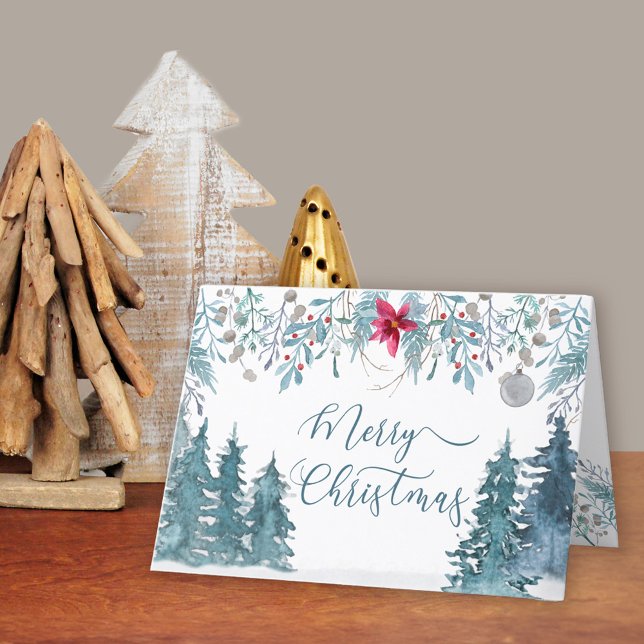 Tarjeta Festiva Guión elegante del follaje de los bosques de invie (Merry Christmas Card. Buy professionally printed or as a printable digital download.)