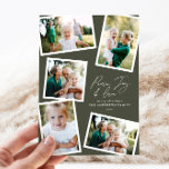 Tarjeta Festiva Guión elegante y fotográfico verde oliva<br><div class="desc">Moderna minimalista elegante multi foto decoración de hogar elegante guión texto paz,  alegría y amor tarjeta de Navidades de vacaciones,  aniversario ideal. Se puede cambiar el color verde oliva moderno de tendencia.</div>