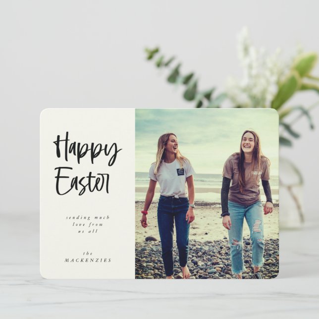 Tarjeta Festiva Guión escrito de mano moderna feliz foto de Pascua (Anverso de pie)