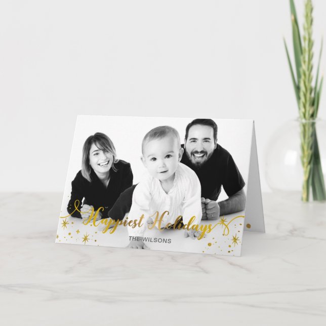 Tarjeta Festiva Guión espumoso más feliz foto de oro de vacaciones (Anverso)