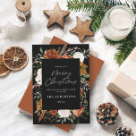 Tarjeta Festiva Guión floral elegante de terracota negra<br><div class="desc">Baracotta negra floral guión botánico elegante Merry Christmas card.</div>