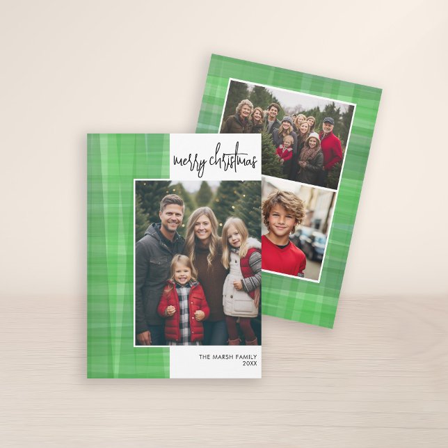 Tarjeta Festiva Guión fotográfico Merry Christmas Modern Off Cente (3 Photo Christmas Card with Plaid Watercolor Pattern - Print and Download Option)