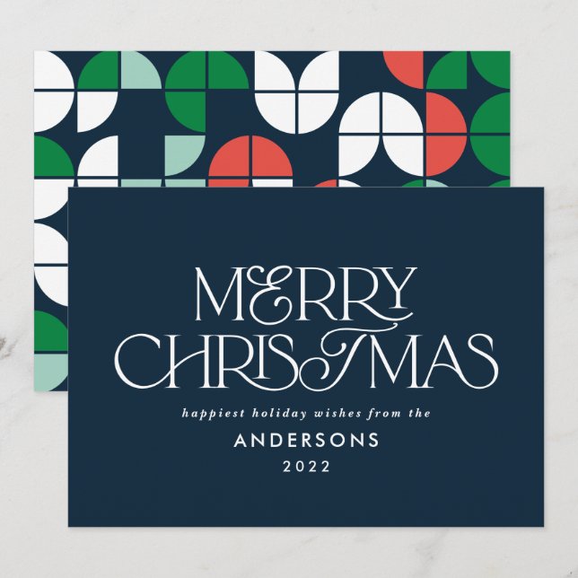 Tarjeta Festiva Guión geométrico de Navidades azules brillantes y  (Anverso / Reverso)