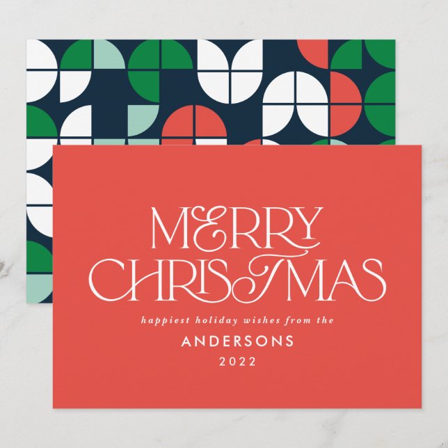 Tarjeta Festiva Guión geométrico de Navidades de color rojo brilla (Anverso / Reverso)