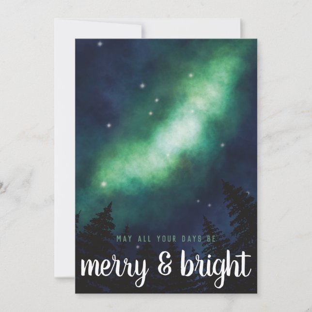 Tarjeta Festiva Guión "Merry & Bright" de las luces boreales | Ver (Anverso)