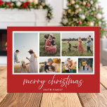 Tarjeta Festiva Guión minimalista Feliz Collage de fotos navideño<br><div class="desc">Feliz Navidad! Envíe sus cálidos deseos a amigos y familia esta temporada de vacaciones con una tarjeta de Navidades de collage de fotos de personalizable. Presenta una tipografía de escritura minimalista con un fondo rojo. Personalice agregando las fotos, nombres, año y otros detalles de su personalizado. Esta tarjeta de Navidad...</div>
