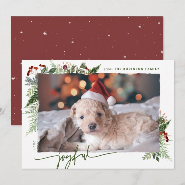 Tarjeta Festiva Guión Moderno Alegre Verde Foto Boho Verde Vegetal (Anverso / Reverso)