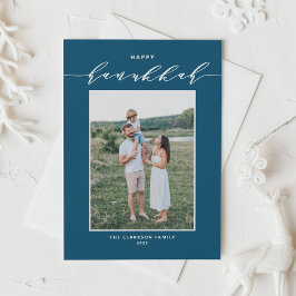 Tarjeta Festiva Guión moderno azul Feliz foto de Hanukkah