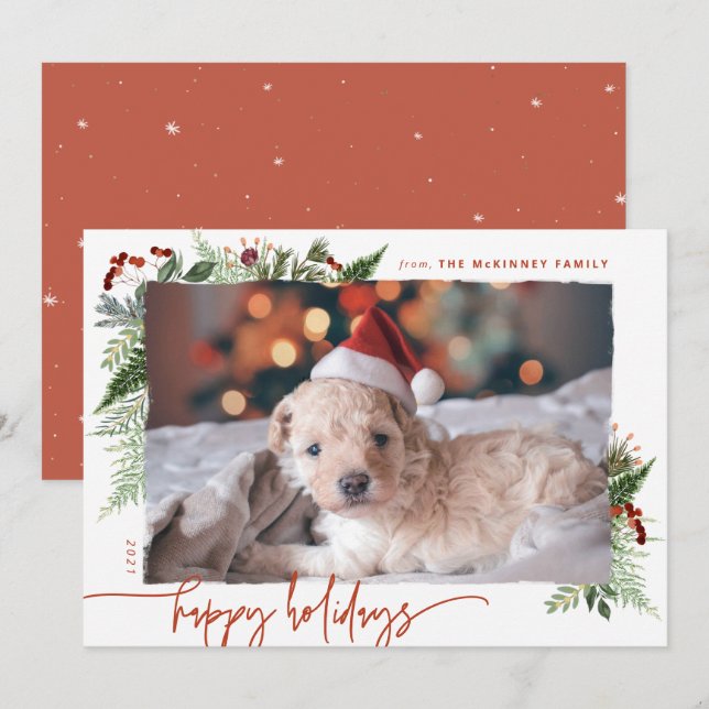 Tarjeta Festiva Guión Moderno Boho Verdor Terracota Óxido Foto (Anverso / Reverso)