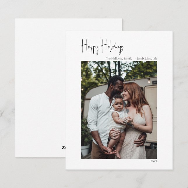 Tarjeta Festiva Guión moderno Felices Fiestas Verdes foto única ve (Anverso / Reverso)