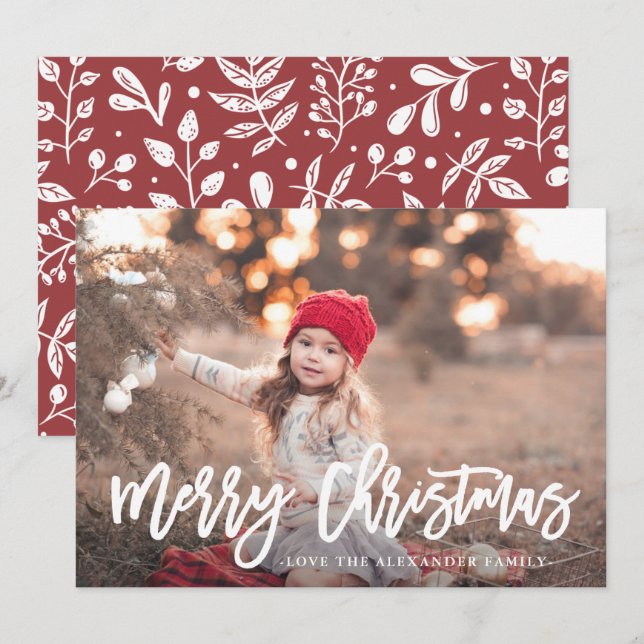 Tarjeta Festiva Guión navideño botánico de invierno rojo (Anverso / Reverso)