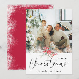 Tarjeta Festiva Guión navideño elegante rojo | Foto familiar