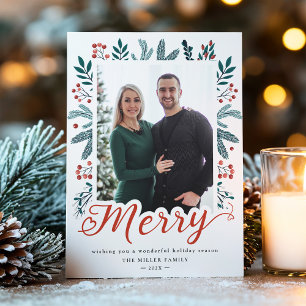 Tarjeta Festiva Guión navideño moderno Holly y Pine Merry