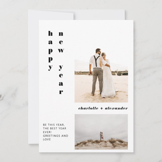 Tarjeta Festiva Guión negrita moderno rosado feliz año nuevo 2 fot (Anverso)