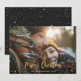 Tarjeta Festiva Guión negro dorado alegre estrellas navideñas 1 fo