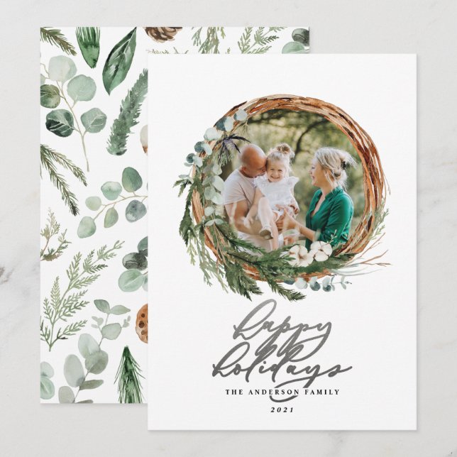 Tarjeta Festiva Guión plateado moderno botánico 1 foto Navidades (Anverso / Reverso)